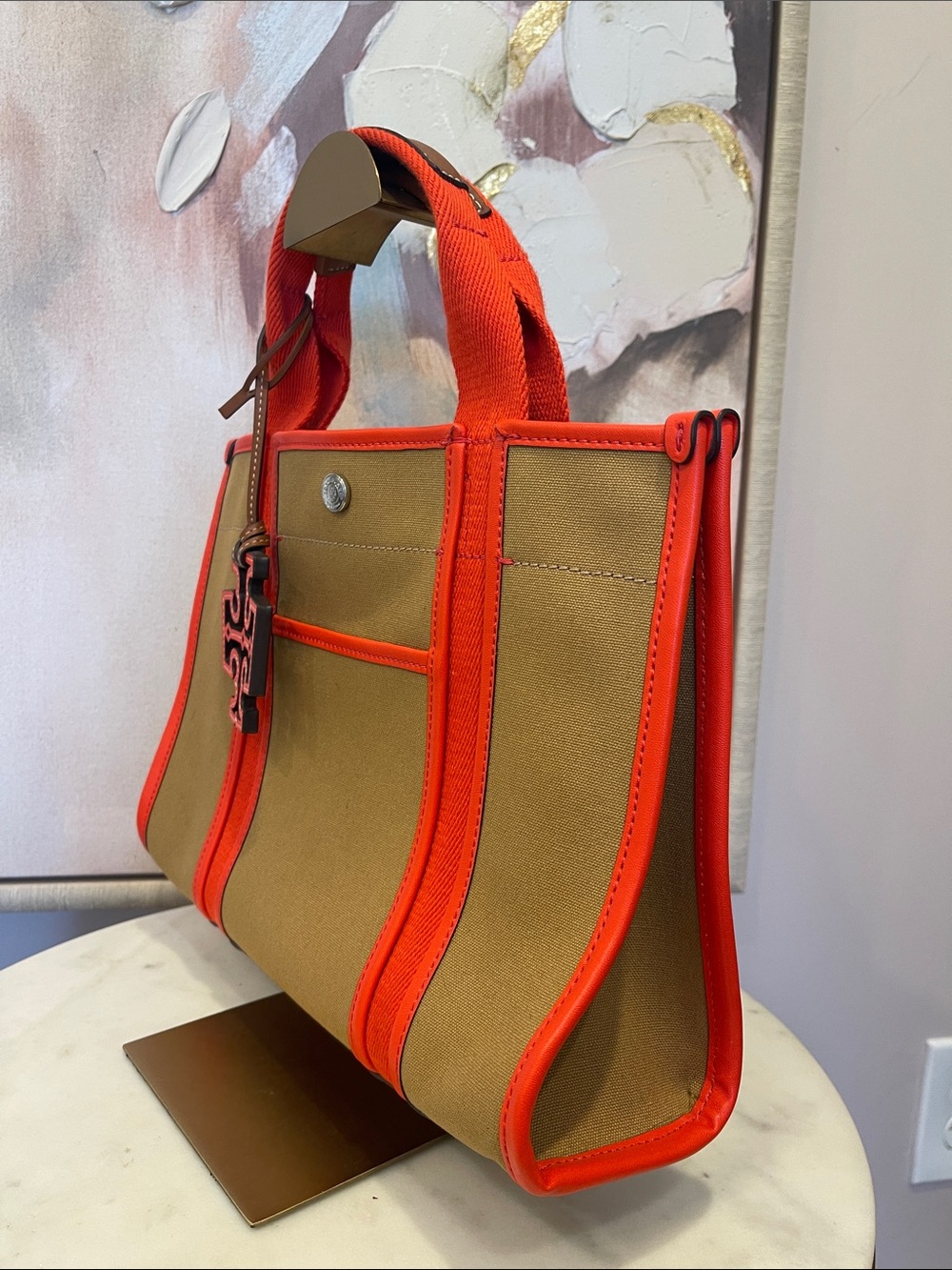 NWOT Tory Burch Tan Canvas Tote with Bright with Coral Trim - Picture 3 of 8